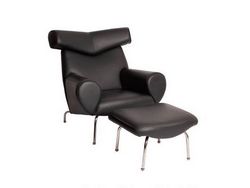OX Lounge Chair with Ottoman in Black Italian Leather by  Hans J. Wegner